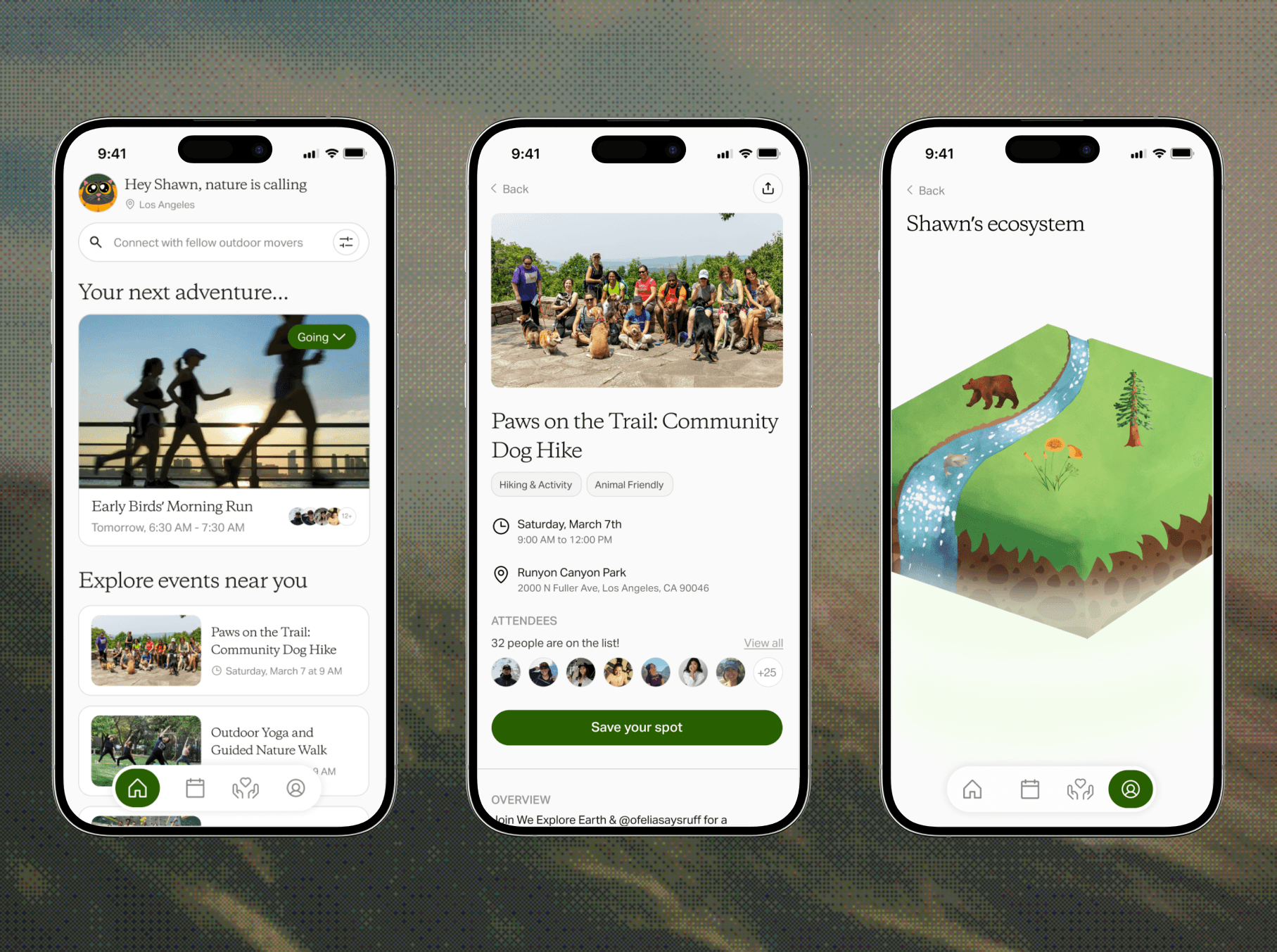 We Explore Earth event discovery, community and ecosystem app screens