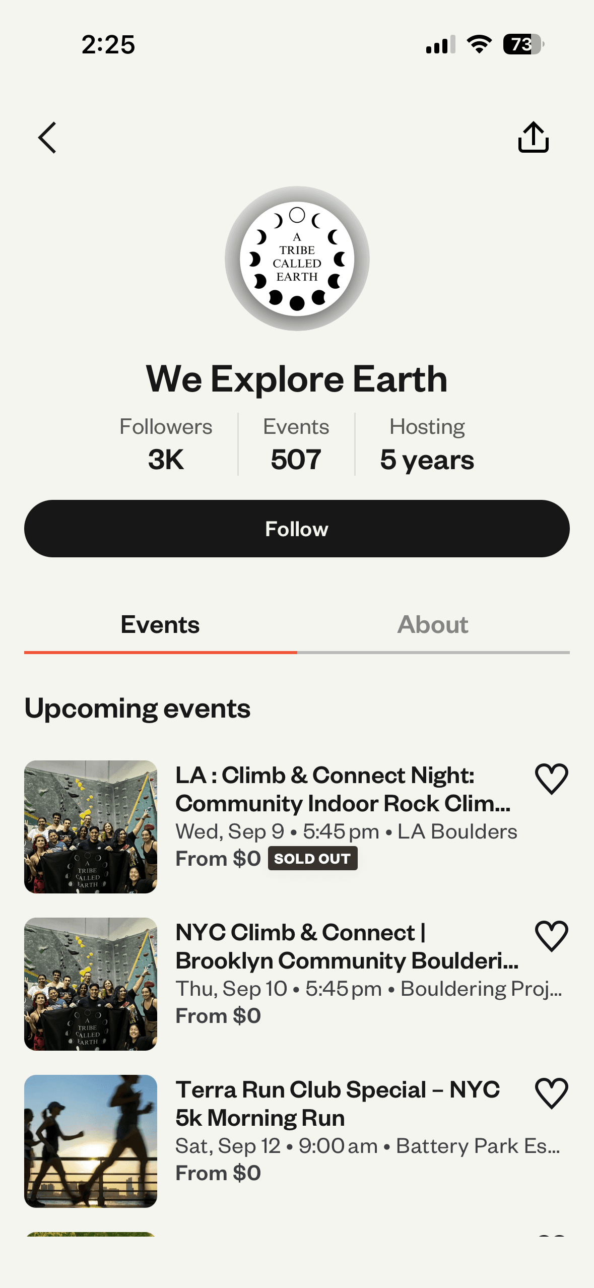 Existing We Explore Earth Eventbrite profile